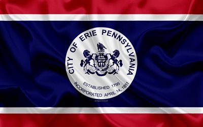 Flag of Erie, 4k, silk texture, American city, red blue silk flag, Erie flag, Pennsylvania, USA, art, United States of America, Erie