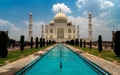 Taj Mahal, Mosk&#233;n Mausoleum, Agra, Uttar Pradesh, Indien, font&#228;nen, sev&#228;rdheterna i Indien, Mughal arkitektur