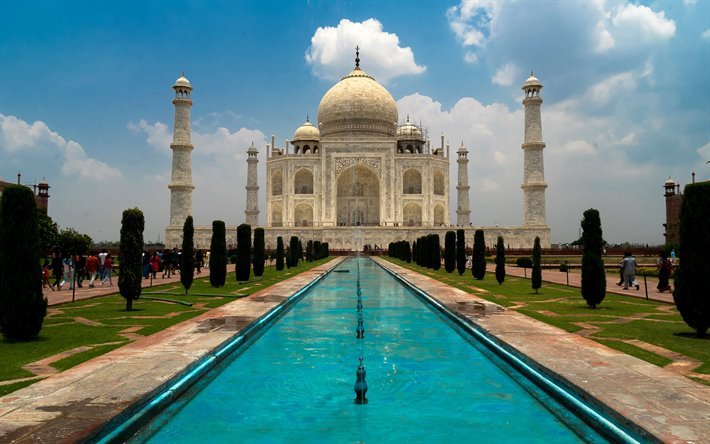 Taj Mahal, la Mezquita, el Mausoleo, Agra, Uttar Pradesh, la India, la fuente, los puntos de referencia de la India, la arquitectura Mogol