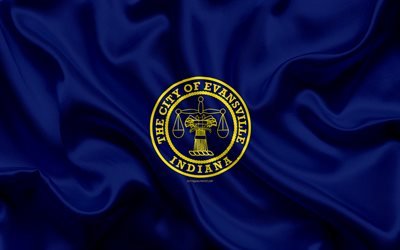 Bandeira de Evansville, 4k, textura de seda, Cidade americana, de seda azul da bandeira, Evansville bandeira, Indiana, EUA, arte, Estados unidos da Am&#233;rica, Evansville