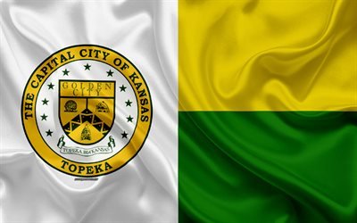 Flag of Topeka, 4k, silk texture, American city, white yellow green silk flag, Topeka flag, Kansas, USA, art, United States of America, Topeka