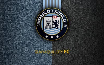 Guayaquil City FC, 4k, textura de couro, Equatoriano de futebol do clube, fundo azul, logo, emblema, Ecuadorian Serie A, Guayaquil, Equador, futebol