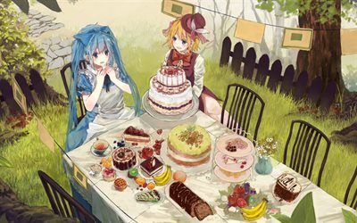 Alice in Wonderland, Hatsune Miku, Kagamine Len, art, female anime characters, Japanese manga