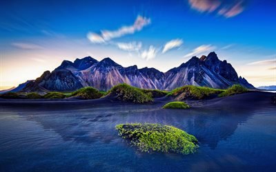 Iceland, Vesturhorn, sunset, coast, mountains, sea, Europe