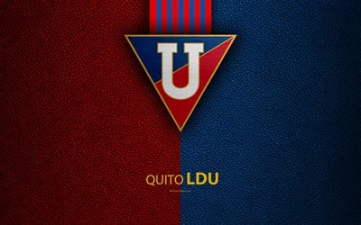 ووحدة الدفاع المحلي كيتو, Liga Deportiva Universitaria de Quito, 4k, جلدية الملمس, الإكوادوري لكرة القدم, الأزرق خلفية حمراء, شعار, الإكوادوري الدرجة الاولى الايطالي, كيتو, إكوادور, كرة القدم