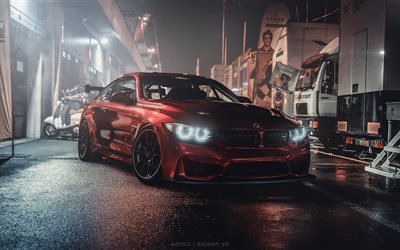 BMW M4 tuning, F82, de noche, de 2018, los coches, supercars, rojo M4, los coches alemanes, BMW
