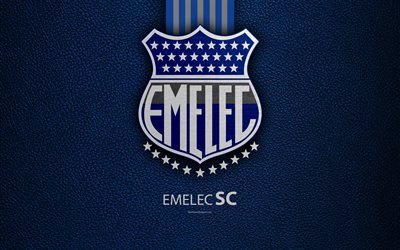 CS Emelec, 4k, nahka rakenne, Ecuadorin football club, sininen harmaa tausta, logo, tunnus, Ecuadorin Serie A, Guayaquil, Ecuador, jalkapallo