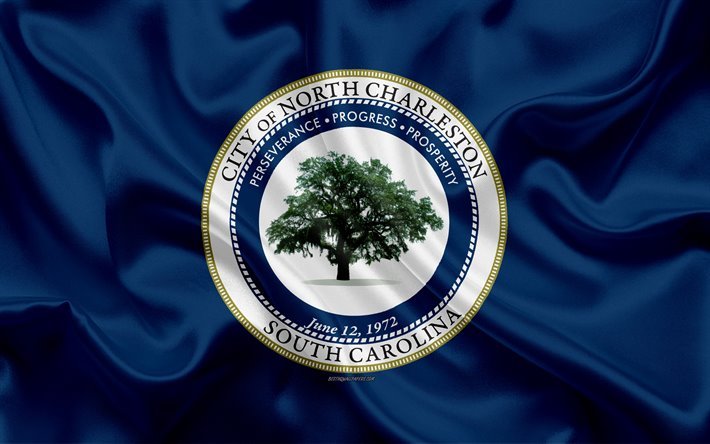 Flag of North Charleston, 4k, silk texture, American city, blue silk flag, North Charleston flag, Berkeley, South Carolina, USA, art, United States of America, North Charleston