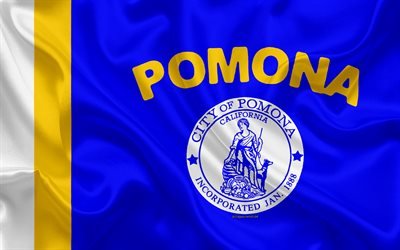Flagga av Pomona, 4k, siden konsistens, Amerikansk stad, bl&#229; silk flag, Pomona flagga, S&#246;dra Los Angeles, Kalifornien, USA, konst, F&#246;renta Staterna, Pomona