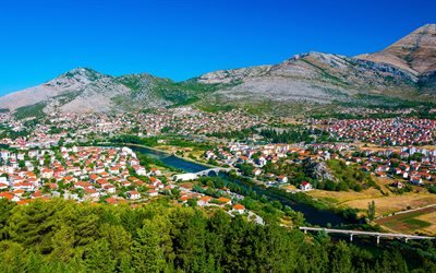 Trebinje, Bosnia and Herzegovina, summer, mountain landscape, old stone bridge, river, cityscape, Trebinje panorama