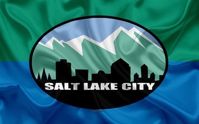 Bandeira da Cidade de Salt Lake city, 4k, textura de seda, Cidade americana, azul de seda verde bandeira, Salt Lake City bandeira, Utah, EUA, arte, Estados unidos da Am&#233;rica, Salt Lake City