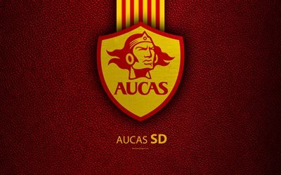 SD Aucas, 4k, texture in pelle, Sucre football club, sfondo rosso, logo, stemma, Ecuador Serie A, Quito, in Ecuador, calcio