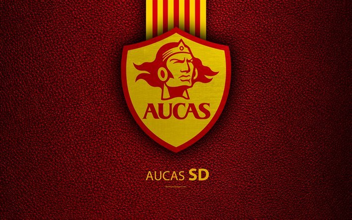 SD Aucas, 4k, textura de cuero, Ecuatoriana de f&#250;tbol del club, fondo rojo, logotipo, emblema, Ecuatoriano de la Serie a, Quito, Ecuador, el f&#250;tbol