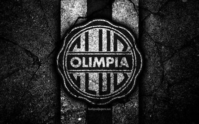 4k, FC Olimpia Asuncion, logo, Paraguayan Primera Division, black stone, soccer, football club, Paraguay, Olimpia Asuncion, art, asphalt texture, Olimpia Asuncion FC