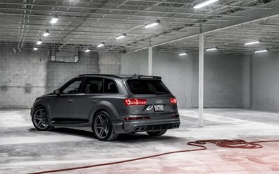 Audi Q7 ABT, 2018, SUV sportivo, vista posteriore, la nuova Q7 grigio, tuning Q7, auto tedesche, Vossen, Audi