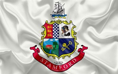 Flag of Stamford, 4k, silk texture, American city, white silk flag, Stamford flag, Connecticut, USA, art, United States of America, Stamford