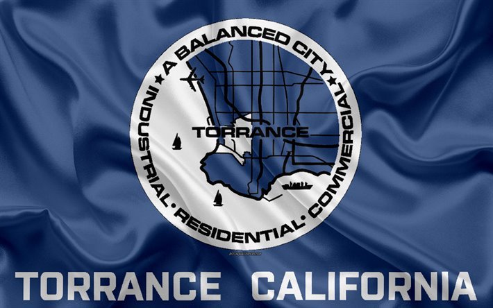Flag of Torrance, 4k, silk texture, American city, blue silk flag, Torrance flag, California, USA, art, United States of America, Torrance