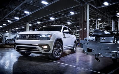 Volkswagen Atlas, 2018, R-Line, vista frontal, exterior, grande branco SUV, branco novo Atlas, Carros alem&#227;es, Volkswagen