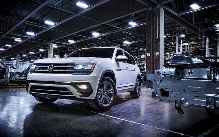 Volkswagen Atlas, 2018, R-Line, vista de frente, exterior, grande, blanco SUV, el nuevo blanco de los Atlas, los coches alemanes, Volkswagen