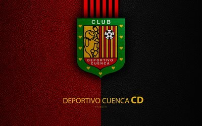 Deportivo Cuenca, 4k, texture in pelle, Sucre club di calcio, rosso, nero, sfondo, logo, stemma, Ecuador Serie A, Cuenca, in Ecuador, il calcio, il CD Cuenca