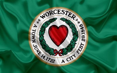 Flag of Worcester, 4k, silk texture, American city, green silk flag, Worcester flag, Massachusetts, USA, art, United States of America, Worcester