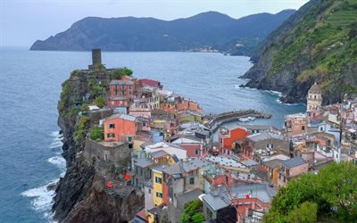 Vernazza, Mediterranean Sea, coast, summer, Liguria, Italy, mountain landscape, Ligurian coast
