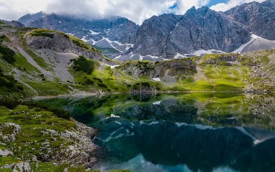 lago de montanha, Drag&#227;o do lago, lago glacial, paisagem de montanha, Alpes, &#193;ustria, Tirol