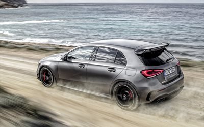 2020, Mercedes-AMG A45, 4MATIC, w177, exterior, side view, gray hatchback, new gray A45, German cars, Mercedes