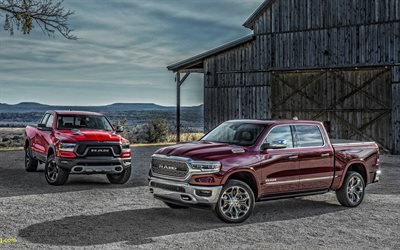 2019, Ram 1500, red pickup truck, exterior, front view, new red Ram 1500, evolution, american cars