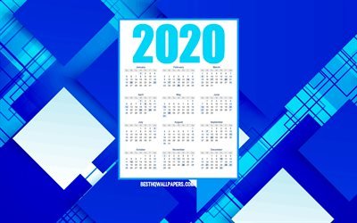 2020 i&#231;in 2020 Takvim, her ay, mavi soyut arka plan, mavi, 2020 yılı Takvimi, Takvim, yaratıcı sanat