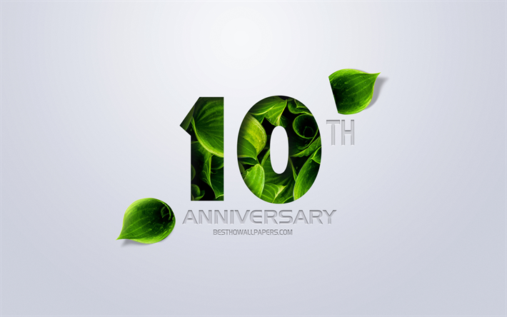 10th Anniversary sign, creative art, 10 Anniversary, green leaves, greeting card, 10 Years symbol, eco concepts, 10th Anniversary