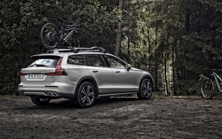 Volvo V60 Cross Country, 2019, rear view, exterior, estate, new silver V60, carriage of bicycles by car, Volvo
