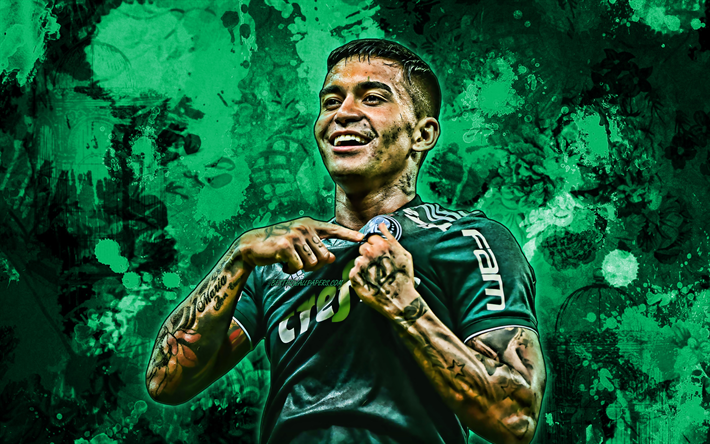 Dudu, 2019, green paint splashes, Palmeiras FC, brazilian footballers, grunge art, Brazil, Eduardo Pereira Rodrigues, soccer, football, SE Palmeiras