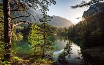 Green Lake, Alpeilla, mountain lake, j&#228;&#228;tikk&#246; j&#228;rvi, aamulla, sunrise, It&#228;valta, Steiermark