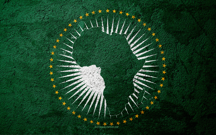 Flagga av Afrikanska Unionen, konkret struktur, sten bakgrund, Afrikanska Unionens flagga, Afrika, Afrikanska Unionen, flaggor p&#229; sten