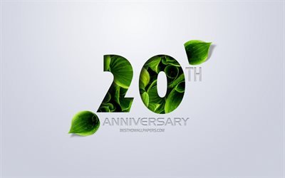 20th Anniversary sign, creative art, 20 Anniversary, green leaves, greeting card, 20 Years symbol, eco concepts, 20th Anniversary