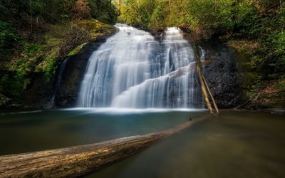 waterfall, forest lake, autumn, evening, sunset, beautiful waterfalls