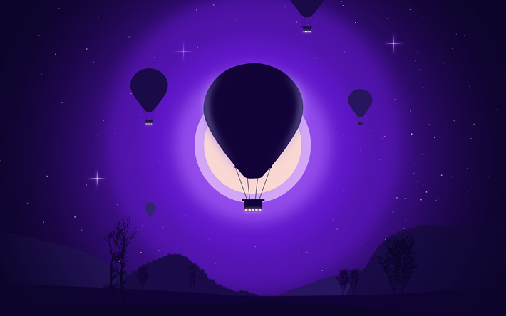 気球, 4k, 夜, 月, 航空機, 熱気球, 最小限の, シルエットの気球