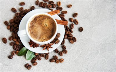 cup of coffee, cup on top, coffee grains, cinnamon, coffee concepts, white cup