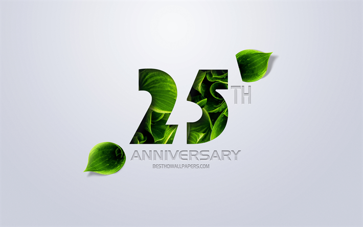 25 &#176; Anniversario segno, creativo, arte, 25 &#176; Anniversario, il verde delle foglie, biglietti di auguri, 25 Anni simbolo, eco concetti