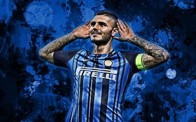 Mauro Icardi, 2019, blue paint splashes, Inter Milan FC, argentinean footballers, grunge art, Serie A, Italy, Mauro Emanuel Icardi, soccer, football, Internazionale