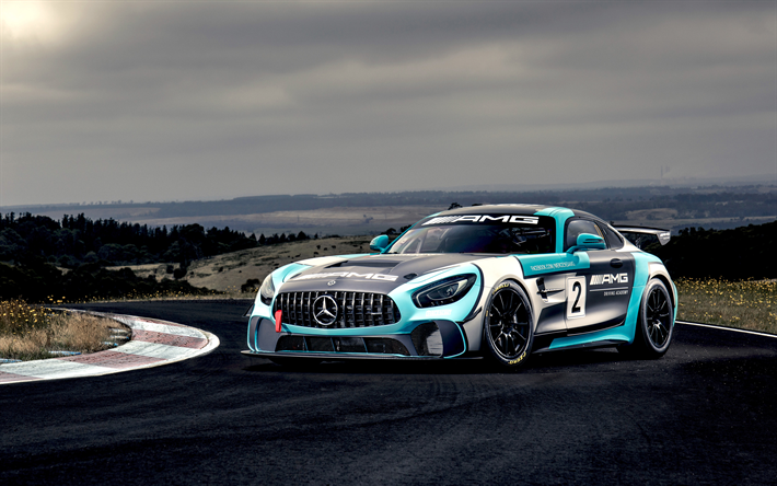 Mercedes-AMG GT4, 4k, レースウェイ, 2019両, レーシングカー, ウ, ドイツ車, メルセデス