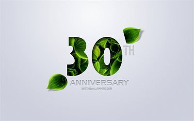 30th Anniversary sign, creative art, 30 Anniversary, green leaves, greeting card, 30 Years symbol, eco concepts, 30th Anniversary