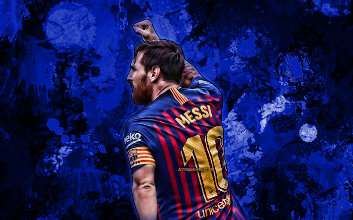 Lionel Messi, 2019, blue paint splashes, FC Barcelona, argentinian footballers, grunge art, La Liga, Spain, Lionel Andres Messi, soccer, football, Barca, Leo Messi
