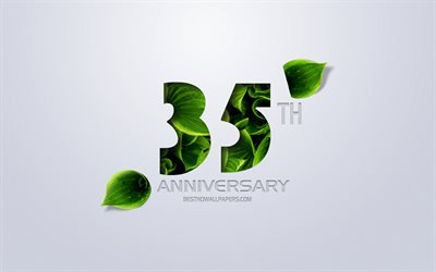 35th Anniversary sign, creative art, 35 Anniversary, green leaves, greeting card, 35 Years symbol, eco concepts, 35th Anniversary