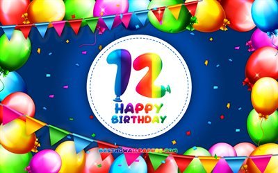 Happy 12th birthday, 4k, colorful balloon frame, Birthday Party, purple background, Happy 12 Years Birthday, creative, 12th Birthday, Birthday concept, 12th Birthday Party