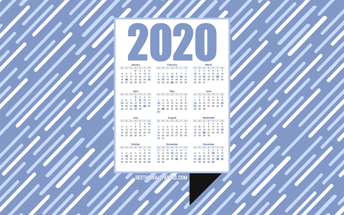 Bleu 2020 Calendrier, bleu, cr&#233;ative, 2020 calendrier cr&#233;atif, l&#39;art abstrait, lignes de fond bleu, calendrier pour l&#39;an 2020, les concepts