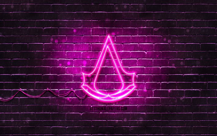 Assassins Creed logo violetti, 4k, violetti brickwall, Assassins Creed logo, 2020-pelit, Assassins Creed neon-logo, Assassins Creed