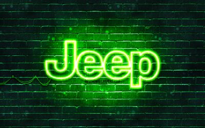 Jeep green logo, 4k, green brickwall, Jeep logo, cars brands, Jeep neon logo, Jeep