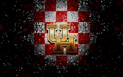 Houston Cougars, glitter logo, NCAA, red white checkered background, USA, american football team, Houston Cougars logo, mosaic art, american football, America